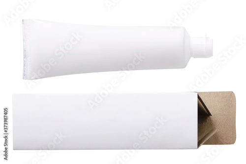Toothpaste mockup tube and box on white background, isolated. The view from top