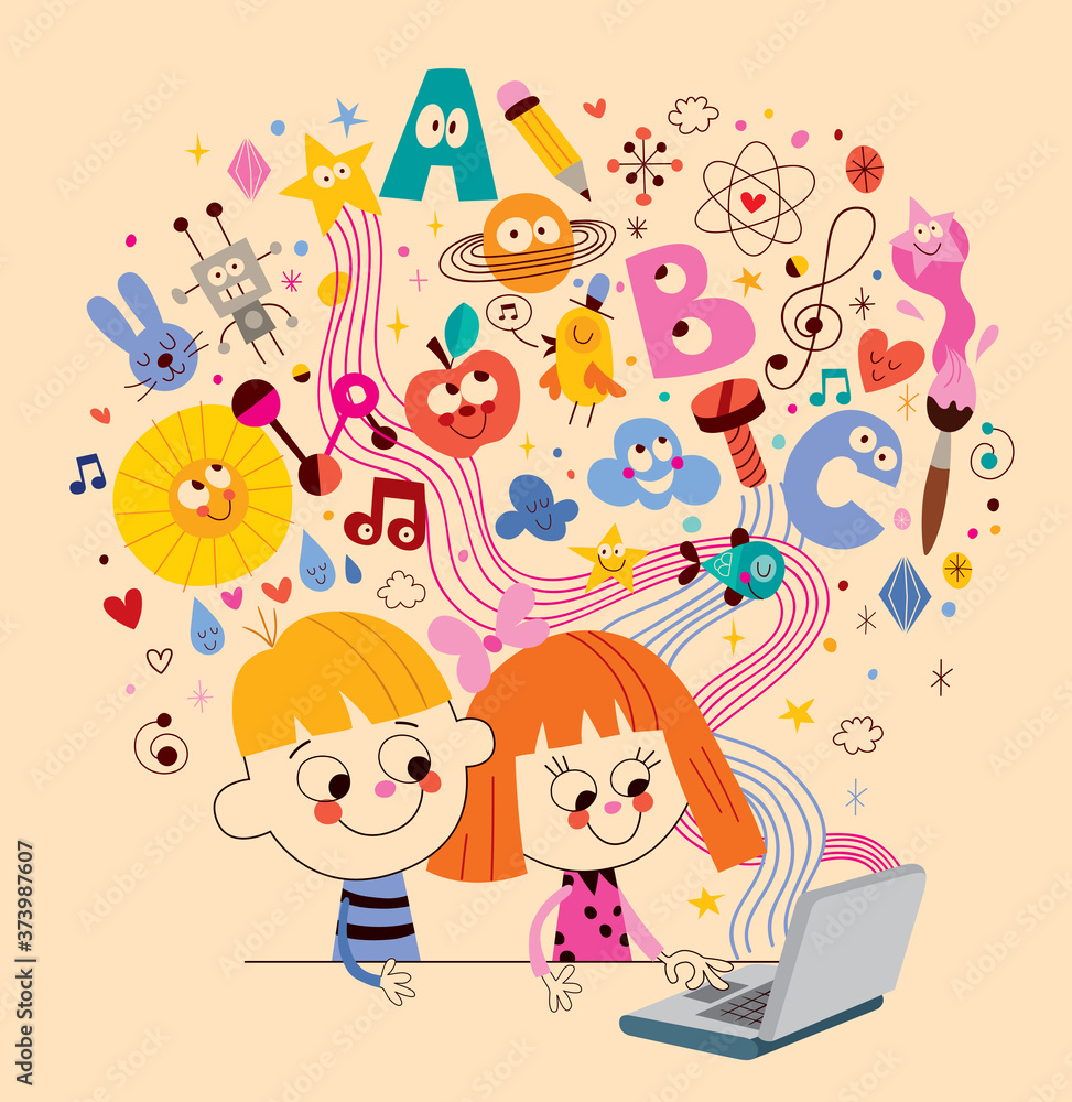 Little boy and girl learning online because of Covid-19 self-isolation, preventing the spread of the virus Little boy and girl learning online because of Covid-19 self-isolation, preventing the spread of the virus