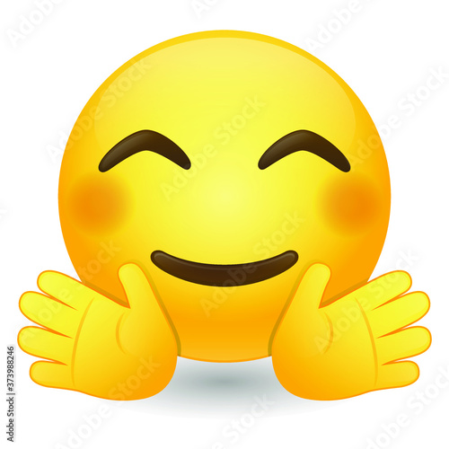 Hugging Happy Emoji Vector art illustration design. Emoticon expression graphic round. Avatar kawaii style.