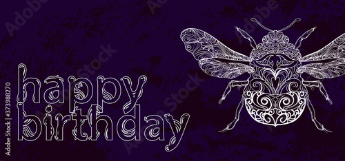 The inscription "happy birthday" with a drawn abstract forest bee on a dark blue background. Botanical design. Perfect for banners, business cards, postcards, invitations. EPS 10