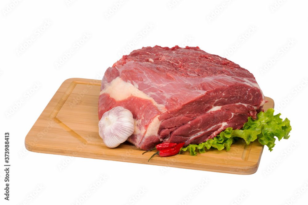 fresh and raw beef meat on cutting board on white background fresh and raw beef meat on cutting board on white background