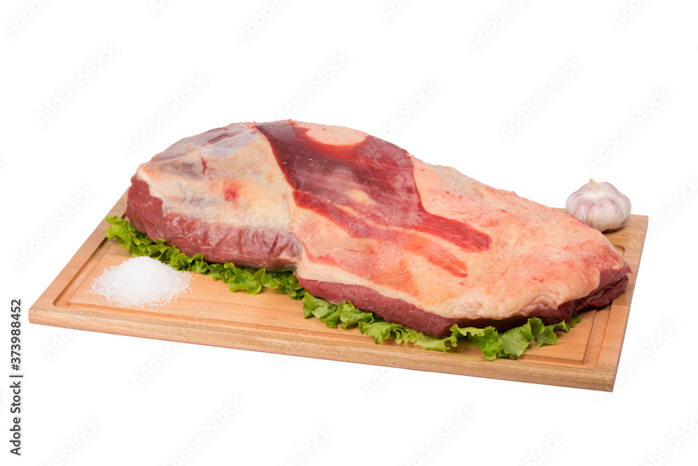 fresh and raw beef meat on cutting board on white background