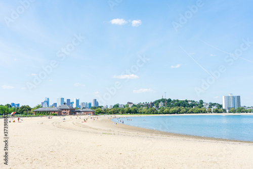 Boston skyline from the harbor point showing the beach landscape near Old Harbor and Pleasure Bay.