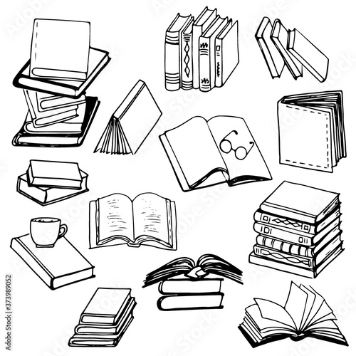 Books doodle color linear icons set. Thin line open and closed books lying on table, in stack hand drawn illustration. Glasses and cup on book collection. Vector elements isolated on white background