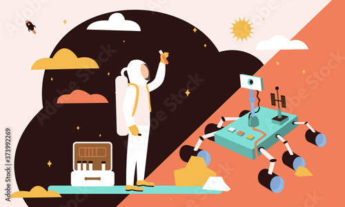 An astronaut in a spacesuit stands with a test tube in his hands and conducts soil analysis, a suitcase with test tubes and a rover.Illustration in a flat style on the theme of space exploration, Mars