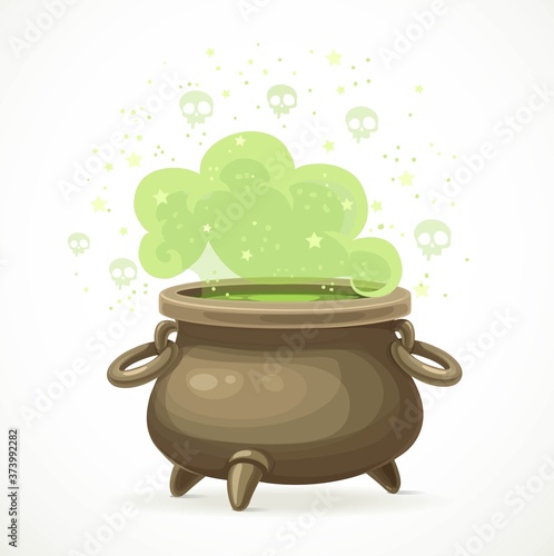 Witches cauldron with green potion isolated on white background