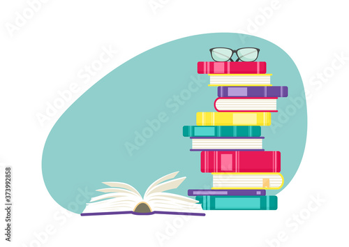 Stack of books with open book and eyeglasses. Education vector illustration.