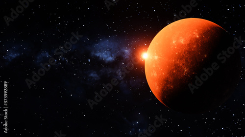Orange Planet with a sun gazing over the planet. milkyway background