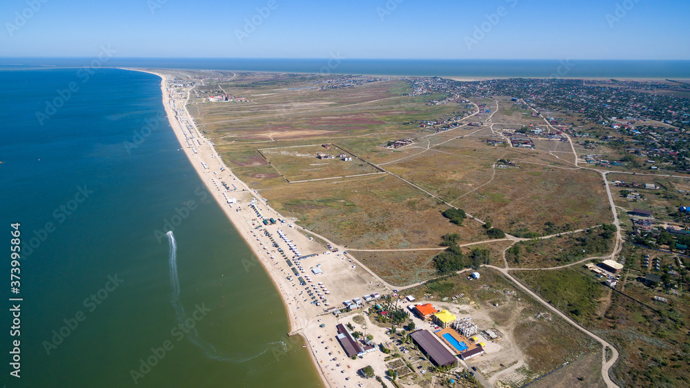 Aerial view of the Dolzhanskaya foreland and the Azov Sea. Russia