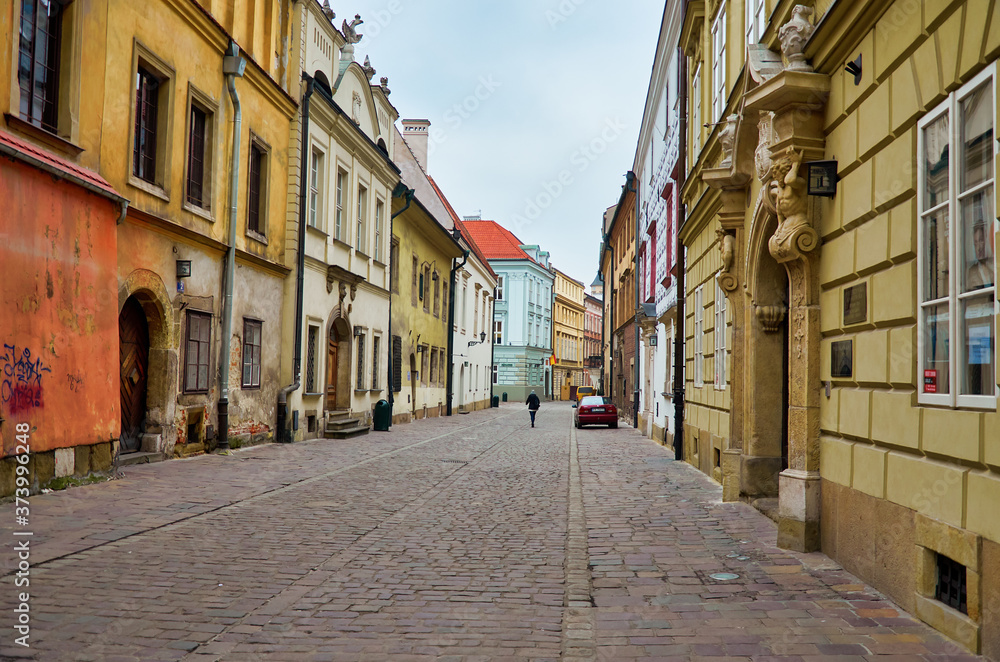 Poland. Krakow. Houses and street of the city of Krakow. Cityscape. February 21, 2018