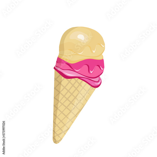 Strawberry ice-cream dessert vector illustration. Balls of ice cream in waffle with whipped cream on the top for cafe, restraurant menu, print, fabric, advertisement. Cream brulee ice-cream dessert