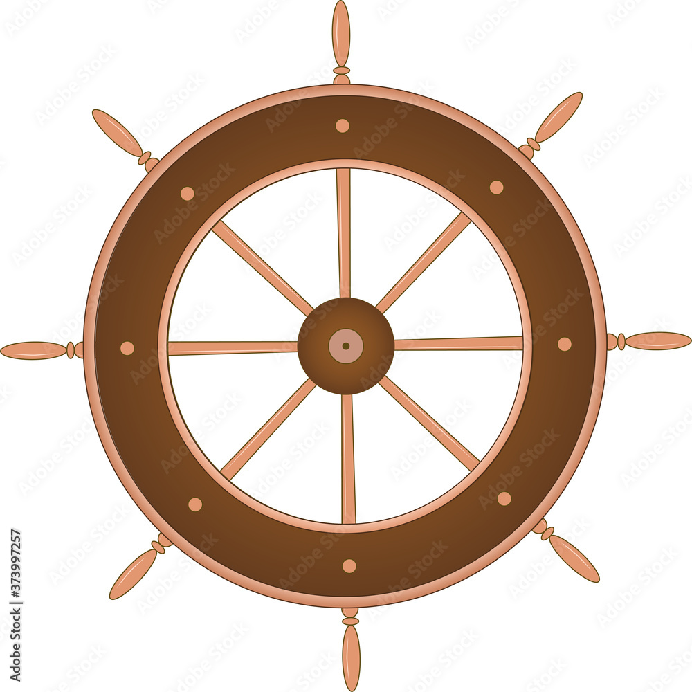 Wooden helm vector illustration isolated on white. Browm steering for game design, app and web interface. Spare part for boar, yacht. Captain handwheel from boat. Steering control wooden element