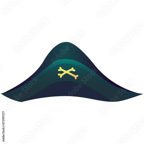 Pirate hat with crossbones vector illustration isolated on white. Wide-brimmed hat. Pirate captain's hat. Captain accessories. Halloween costume. Piracy attribute for Saint Patrick's day