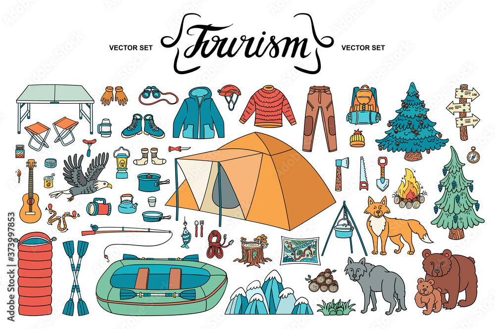 Vector cartoon set on the theme of tourism and travel. Colorful hand drawn doodles of camping equipment, clothing, dishes, wild animals, nature. Isolated elements on white background