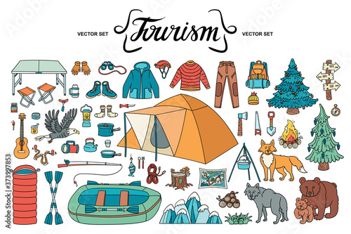 Vector cartoon set on the theme of tourism and travel. Colorful hand drawn doodles of camping equipment  clothing  dishes  wild animals  nature. Isolated elements on white background
