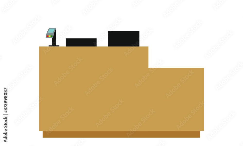 Table with monitor and terminal for payment on a white background Table with monitor and terminal for payment on a white background