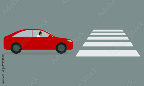 Female character in a red car near a pedestrian crossing