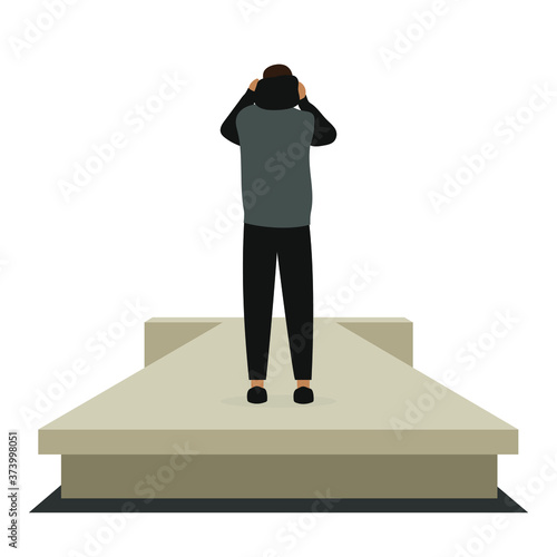Male character on the podium stands with his back and puts on a hood
