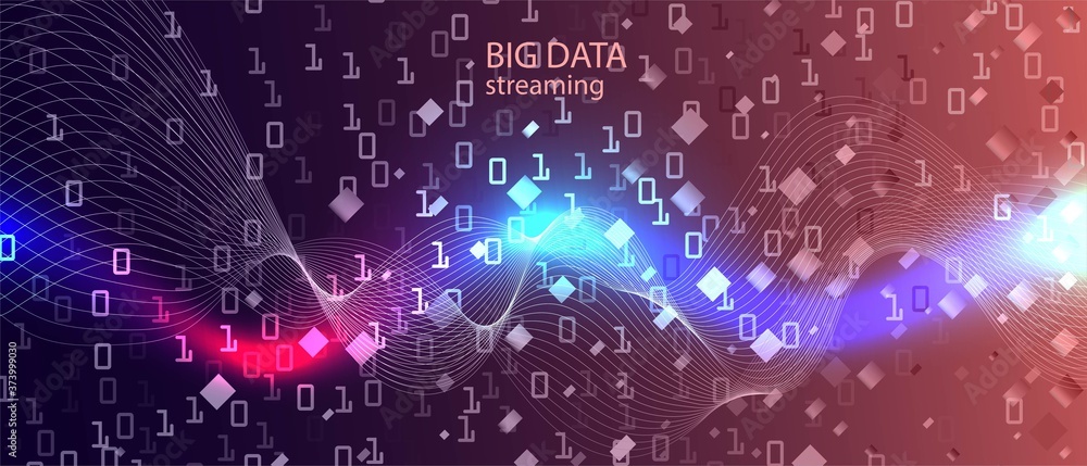 Big Data Stream Vector Presentation. Cyber Equalizer Slide. Blue Purple Pink Background. Matrix Flying Binary Code. Fractal 