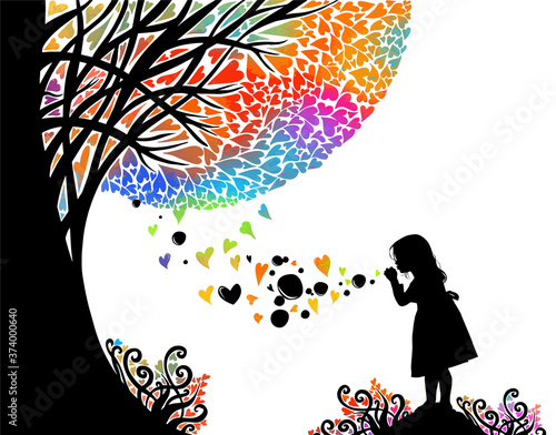 A girl blowing soap bubbles in nature. Heart shaped soap bubbles. Happy Valentine's Day. A tree made of hearts. Vector illustration