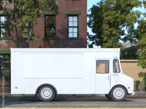 White Blank Food Truck With Closed Window. Modern Cityscape. Takeaway Food And Drinks. Mock Up. Copy Space, Empty Space. 3d rendering