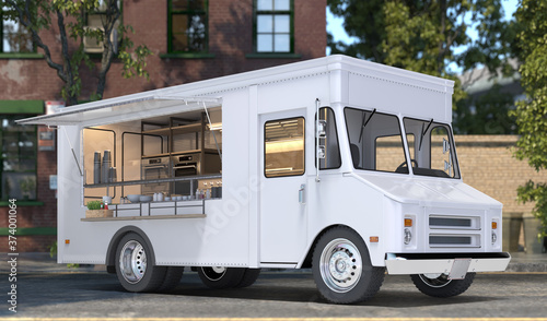 White Realistic Food Truck With Detailed Cozy Interior With Warm Light On Street. Modern Cityscape. Takeaway Food And Drinks. 3d rendering.