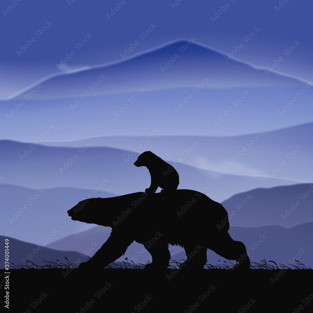 Bears family walking in mountains. Animal mother and baby silhouette - obrazy, fototapety, plakaty 