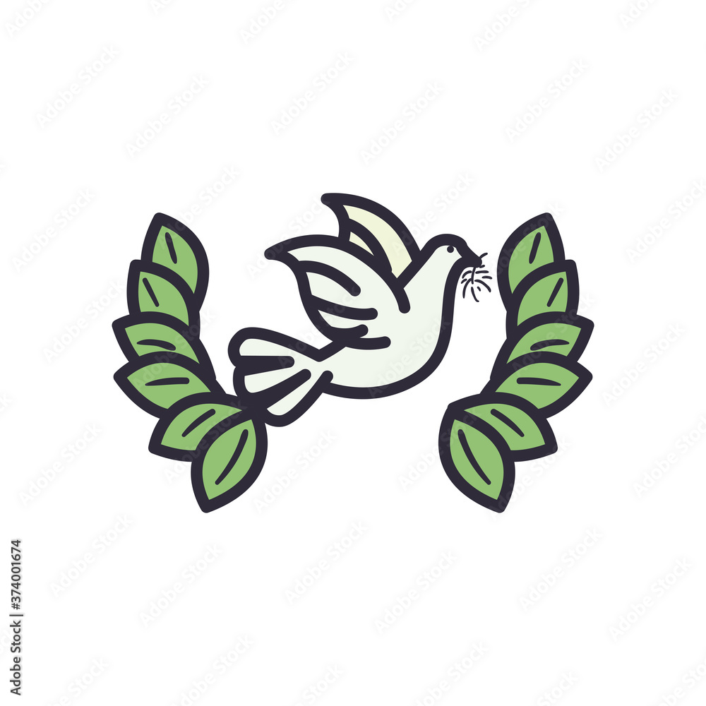 dove with leaves wreath line and fill style icon vector design