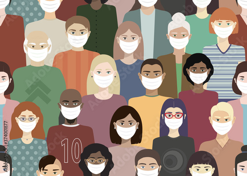 Diversity, many people wearing face mask, protect from corona virus pandemic, crowd marching, demonstration, protest cartoon characters illustration.