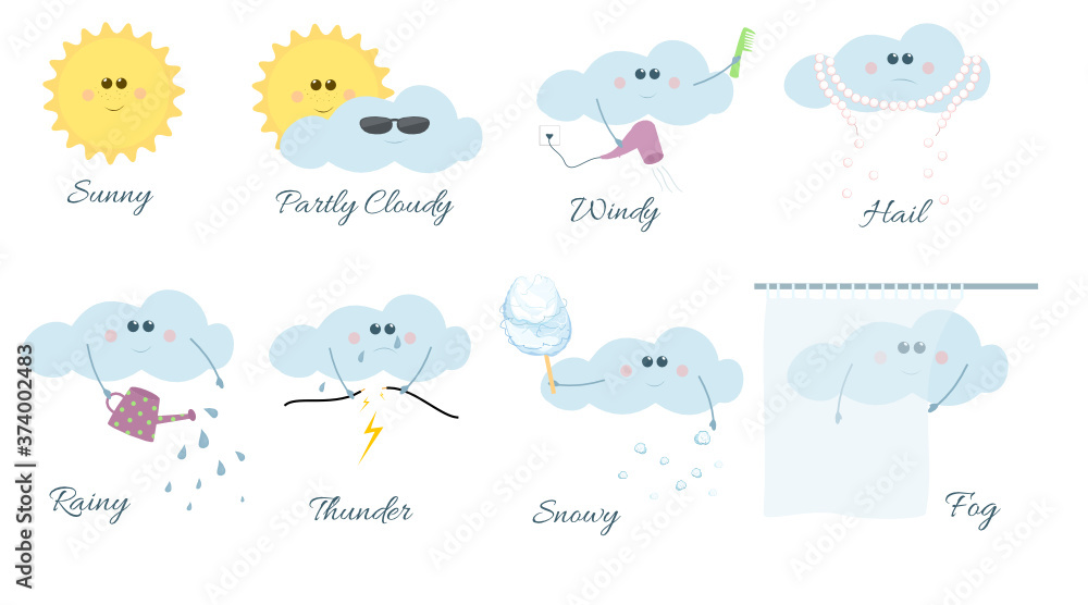 Set of cute and funny cartoon forecast icons: anthropomorphic clouds and suns which symbolize different weather conditions Set of cute and funny cartoon forecast icons: anthropomorphic clouds and suns which symbolize different weather conditions