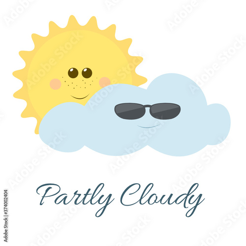 Cute cartoon weather icon of smiling anthropomorphic cloud wearing sunglasses as security staff and hiding behind it sun which symbolize partly cloudy day