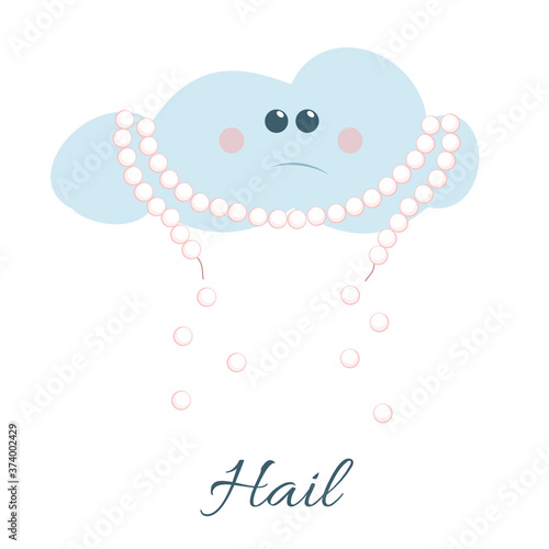 Cute cartoon weather icon of sad anthropomorphic cloud wearing broken pearl  beads which symbolize hail