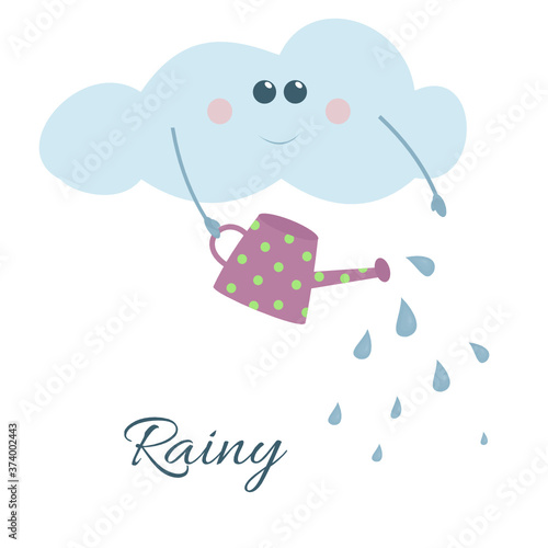 Cute cartoon weather icon of smiling anthropomorphic cloud pouring water from a watering can which symbolize rain