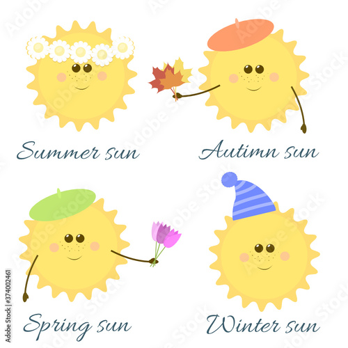 Set of cute anthropomorphic weather icons of different season sun: summer (wearing daisy wreath), autumn (in berete, holding colorful maple leaves), spring (holding tulips), winter (in warm hat)