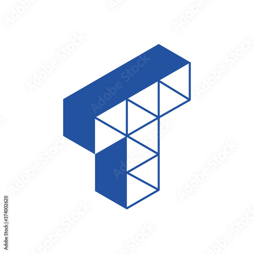 T letter logo symbol. Cubes lined up in space. Rows forming a line. Guessing the isometric shape. Hexagonal riddle.