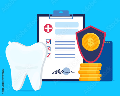Flat vector illustration of dental insurance or contract of medical teeth treatment services. Clipboard with wallet, stack of coins, shield and white bright tooth. Concept of medical dental healthcare