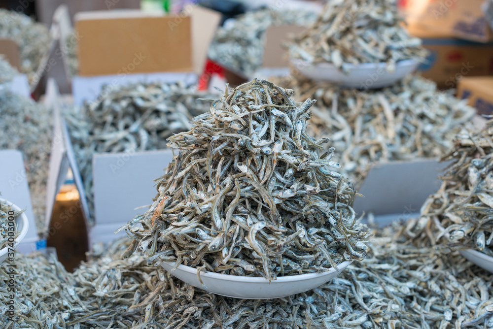 Dry Anchovies for sale at Jagalchi Fish Market in Busan, South Korea