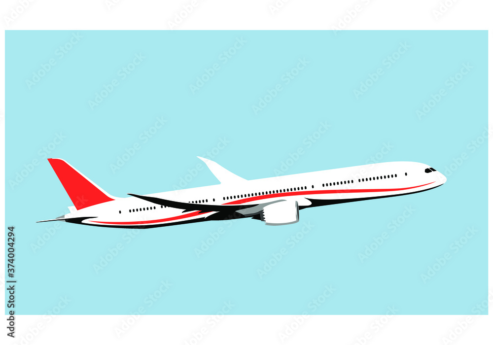 Boeing 787 Dreamliner. Elegant jet airliner takes off into the sky. Vector drawing for illustrations.