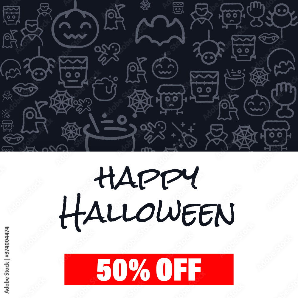 Set of Hand draw Halloween Doodle backgrounds and Sale background. Objects around Halloween.