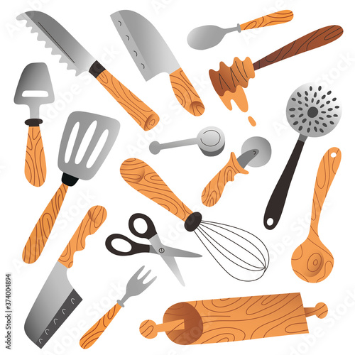 Kitchenware collection, isolated vector illustrations, cutlery, skimmers and knives, household tools and utensils for food preparation, hand drawn vector isolated cartoon illustration