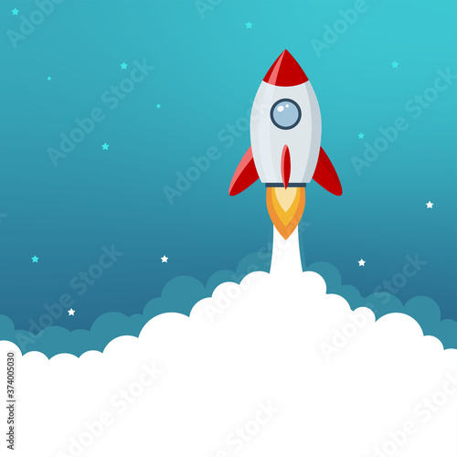 Fototapeta Naklejka Na Ścianę i Meble -  Cartoon rocket ship  in the clouds. Startup concept project development. Space rocket launch to the moon. Vector illustration in a flat style. 