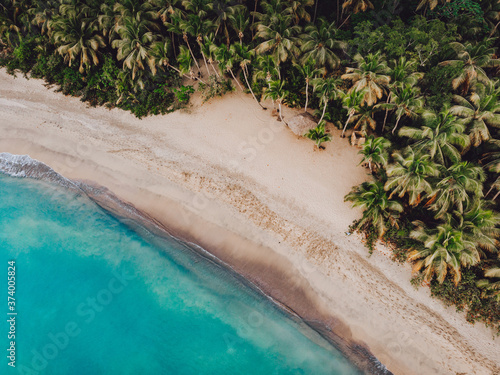 Obraz na plátně Aerial drone view of paradise beach with palm trees and blue water at the Esmera