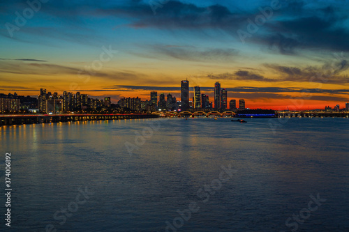 Photography Twilight  of south korea cityscape Modern buildings of city downtown with han ri
