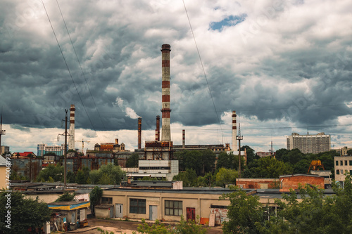 Photography factory industrial pollution ecology disaster concept picture smoke and fog dirt