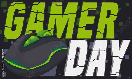 Green Glowing PC Mouse ready for Gamer Day Celebration, Vector Illustration photo