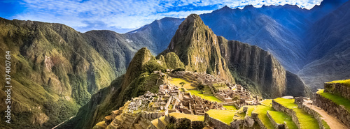 Canvas Print Morning Panorama View of Hidden Saced Inca City Machu Picchu, Aguas Calientes, C