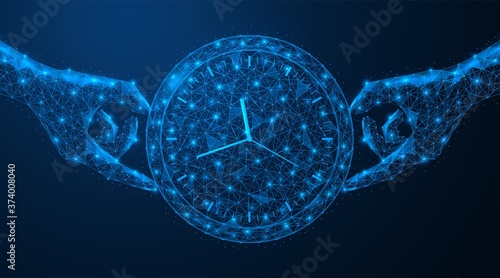 Hands holding the watch. The concept of time management. Reminder of the deadline for completing tasks. Low-poly construction of lines and points. Blue background.