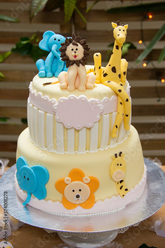 Birthday cake or child birthday with children's zoo decoration.