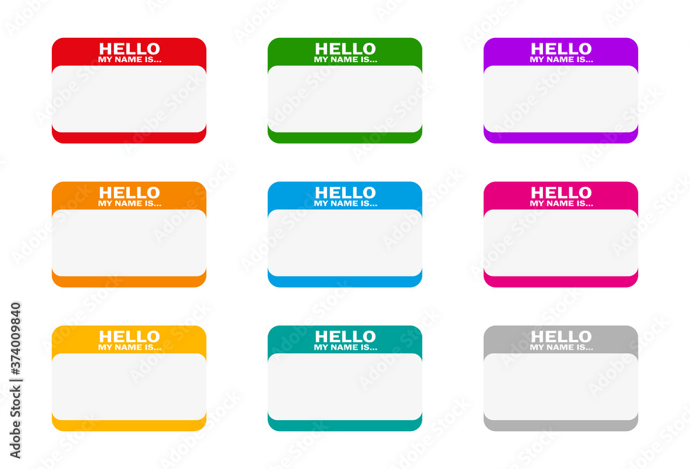 Colored name tag sticker set with shadow on white