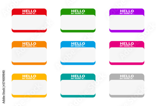 Colored name tag sticker set with shadow on white